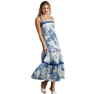 NWT Umgee Blue Toile Ric Rac Trim Cotton Midi Dress Medium